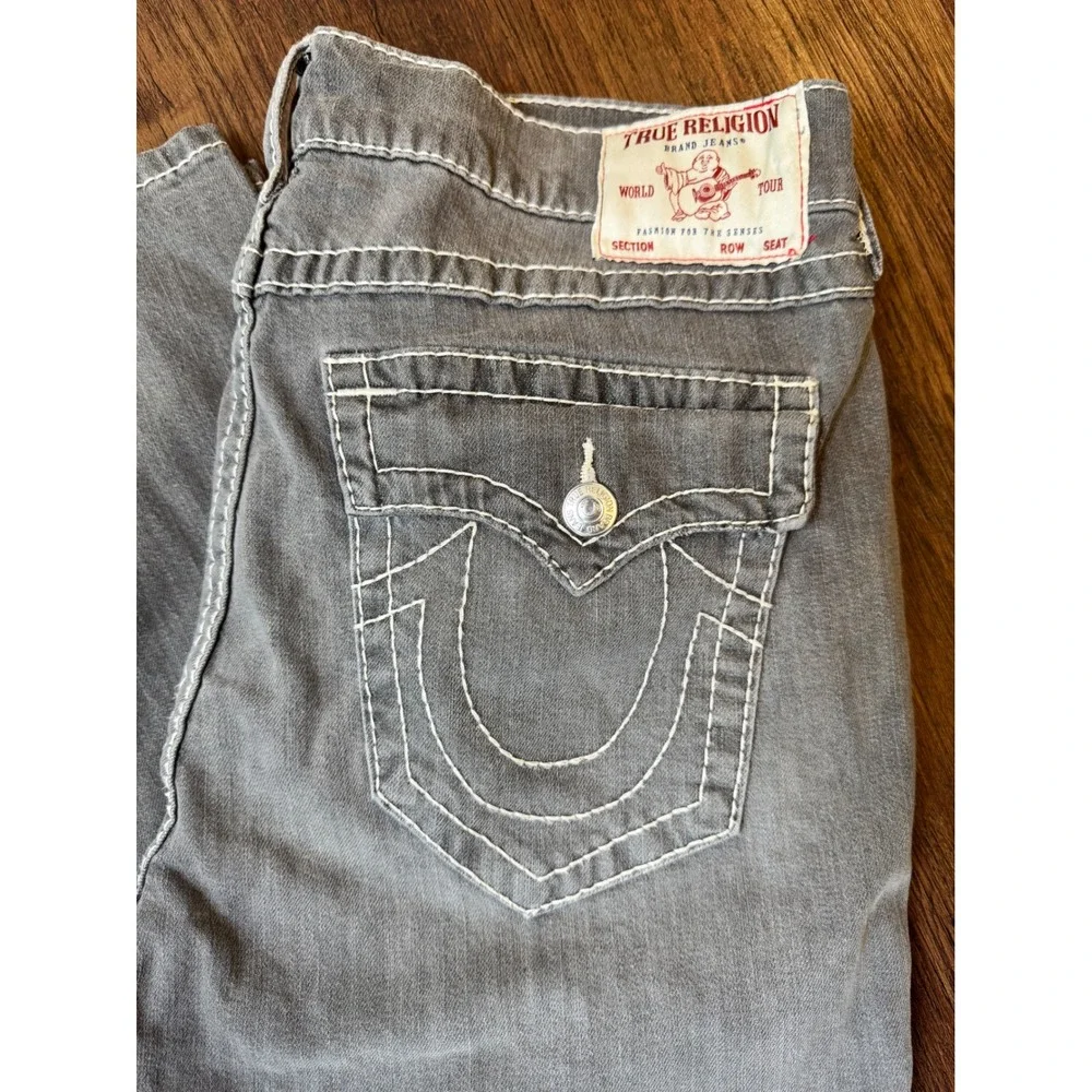 Y2K True Religion Ricky Relaxed Straight Gray Jeans White Contrast Stitch Sz 36
